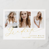 Minimalist Modern Chic Script 3 Photo Graduation 箔招待状 (正面)