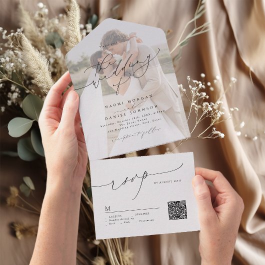 Minimalist Modern Chic Script Elegant Wedding All オールインワン招待状