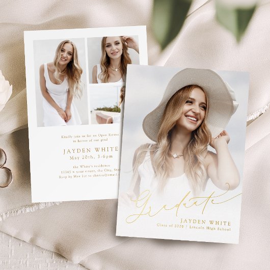 Minimalist Modern Chic Script Photo Graduation 箔招待状