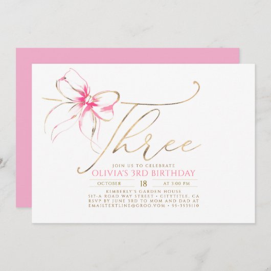 Minimalist Modern Elegant Pink Bow 3RD Birthday 招待状 (正面/裏面)