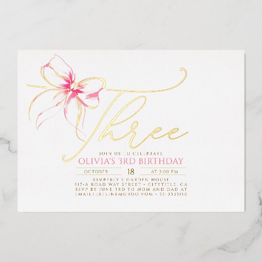 Minimalist Modern Elegant Pink Bow 3rd Birthday 箔招待状 (正面)