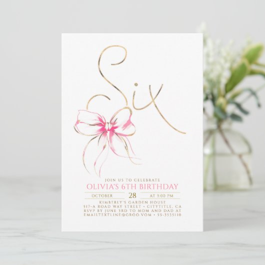 Minimalist Modern Elegant Pink Bow 6th Birthday 招待状 (スタンド正面)