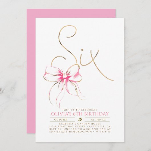 Minimalist Modern Elegant Pink Bow 6th Birthday 招待状 (正面/裏面)