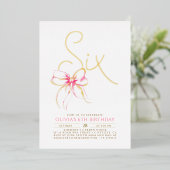 Minimalist Modern Elegant Pink Bow 6th Birthday 箔招待状 (立ち正面)