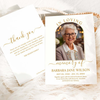 Minimalist Modern Gold Arch Photo Funeral Memorial サンキューカード