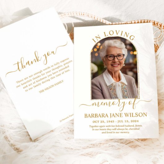 Minimalist Modern Gold Arch Photo Funeral Memorial サンキューカード