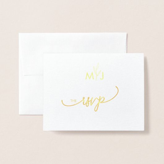 Minimalist Modern Golden Leaf RSVP Foil Card 箔カード (封筒付き正面)