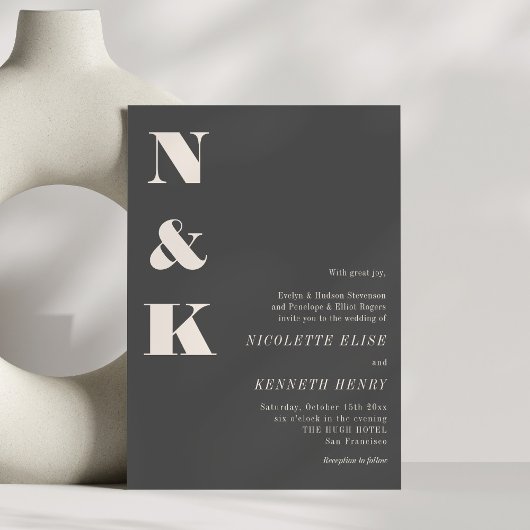 Minimalist Modern Monogram Soft Black Bold Wedding 招待状