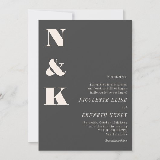 Minimalist Modern Monogram Soft Black Bold Wedding 招待状 (正面)