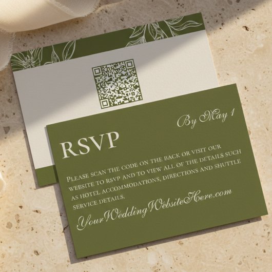 Minimalist Modern Olive Green Wedding QR 出欠カード