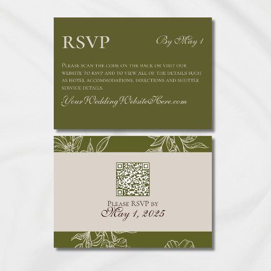 Minimalist Modern Olive Green Wedding QR 出欠カード