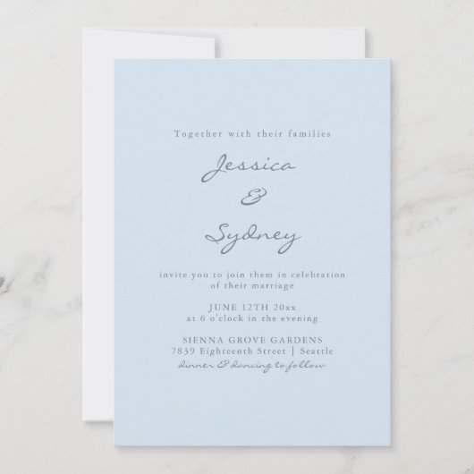 Minimalist Modern Soft Blue Script Wedding 招待状 (正面)