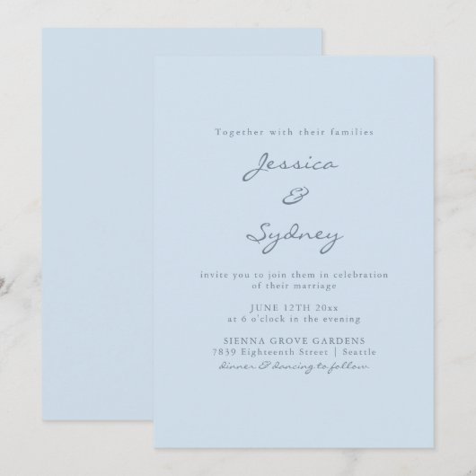 Minimalist Modern Soft Blue Script Wedding 招待状 (正面/裏面)