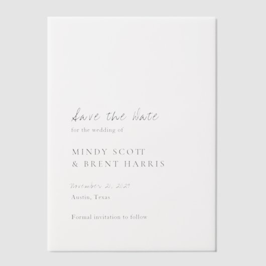 Minimalist Modern Wedding Save the Date ベラム紙招待状 (正面)