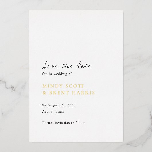 Minimalist Modern Wedding Save the Date 箔招待状 (正面)