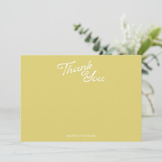 Minimalist Modern Yellow Retro Script Baby Shower サンキューカード (スタンド正面)