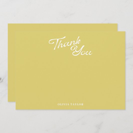 Minimalist Modern Yellow Retro Script Baby Shower サンキューカード (正面/裏面)