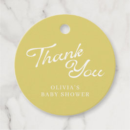 Minimalist Modern Yellow Retro Script Baby Shower フェイバータグ