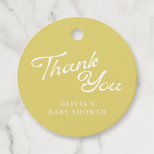 Minimalist Modern Yellow Retro Script Baby Shower フェイバータグ (正面)