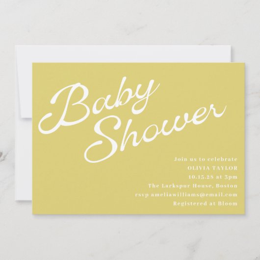 Minimalist Modern Yellow Retro Script Baby Shower 招待状 (正面)