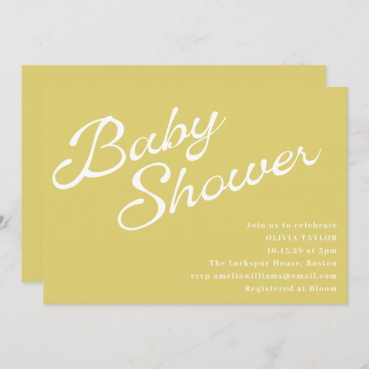 Minimalist Modern Yellow Retro Script Baby Shower 招待状 (正面/裏面)