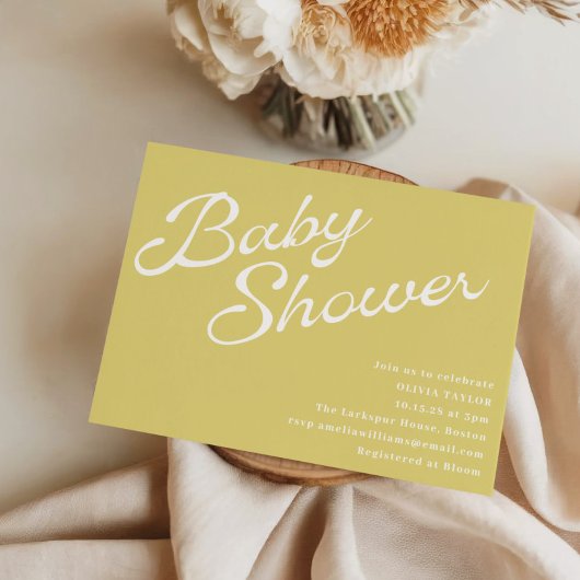 Minimalist Modern Yellow Retro Script Baby Shower 招待状