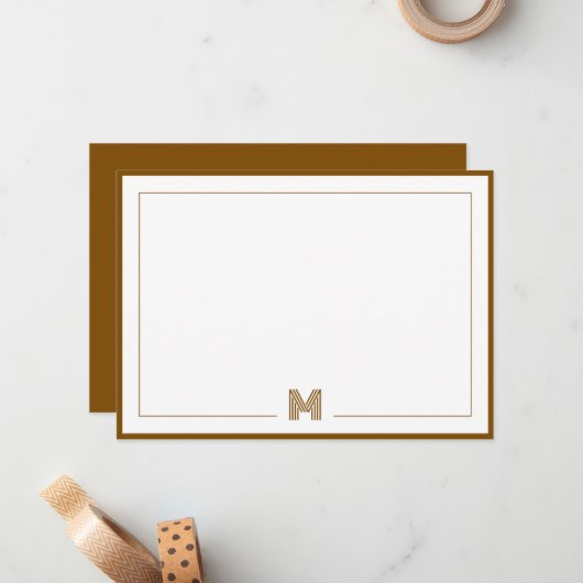 Minimalist Monogram Brown Double Border Stationery ノートカード (正面/裏面インサイチュ)