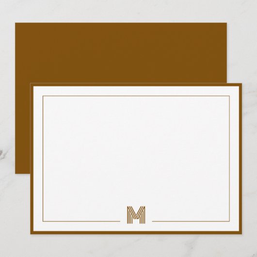 Minimalist Monogram Brown Double Border Stationery ノートカード (正面/裏面)
