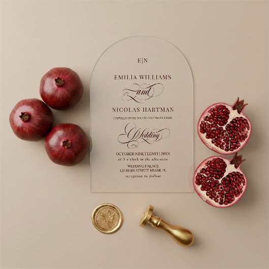 Minimalist Monogram Burgundy Red Wedding アクリル招待状