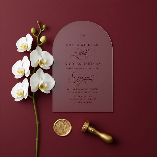 Minimalist Monogram Burgundy Red Wedding アクリル招待状