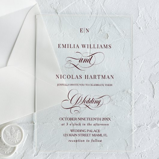 Minimalist Monogram Burgundy Red Wedding アクリル招待状