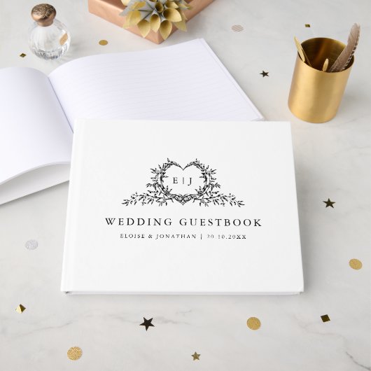 Minimalist Monogram Calligraphy Crest Wedding ゲストブック (正面見開き)