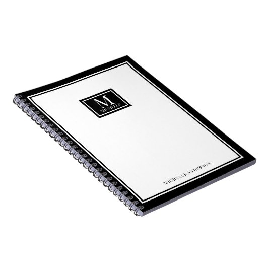 Minimalist Monogram Chic Double Boarder Black ノートブック (右側)