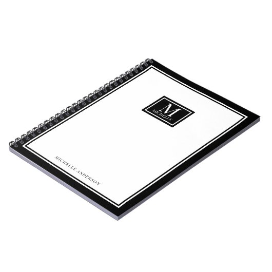 Minimalist Monogram Chic Double Boarder Black ノートブック (左側)