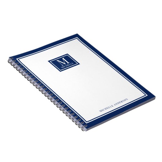 Minimalist Monogram Chic Double Boarder Navy Blue ノートブック (右側)