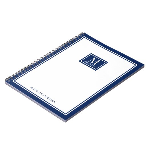 Minimalist Monogram Chic Double Boarder Navy Blue ノートブック (左側)