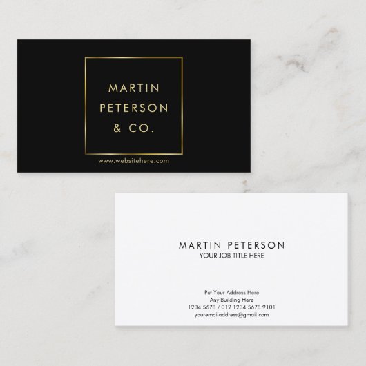 Minimalist Monogram | Gold Square Frame on Black 名刺 (正面/裏面)