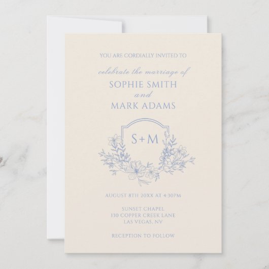 Minimalist Monogram Initial Crest Floral Wedding 招待状 (正面)