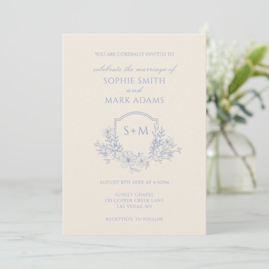 Minimalist Monogram Initial Crest Floral Wedding 招待状 (スタンド正面)