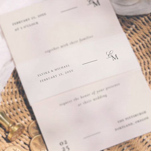 Minimalist Monogram Ivory Editorial Wedding 招待状ベリーバンド