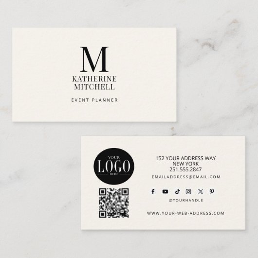 Minimalist Monogram Luxury Black/Ivory Logo QR  名刺 (正面/裏面)