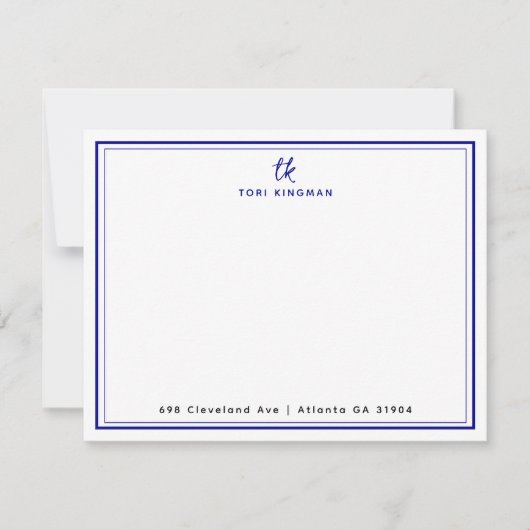 Minimalist Monogram Navy Blue Two Borders Flat ノートカード (正面)
