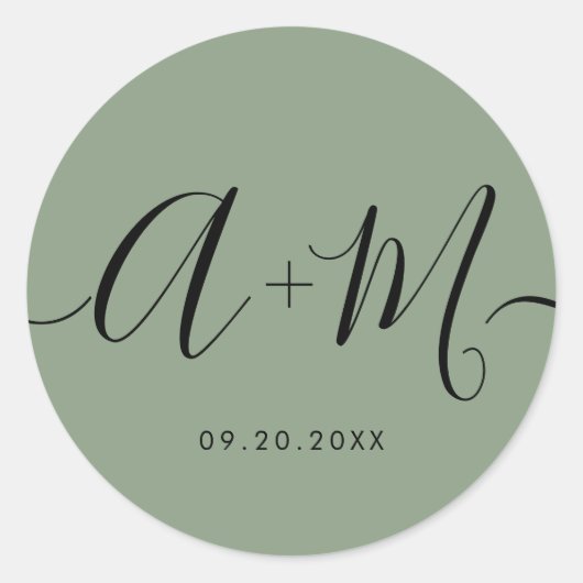 Minimalist Monogram Script Custom green Wedding ラウンドシール (正面)