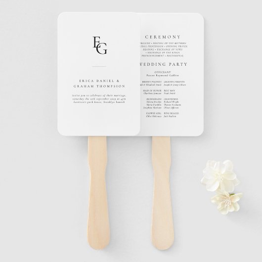 Minimalist Monogram Wedding Ceremony Fan Program ハンドファン (正面&裏面)