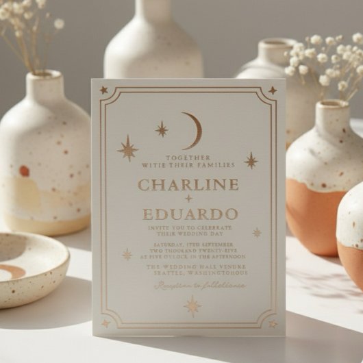 Minimalist Moon and Stars Gold Foil Wedding  箔招待状