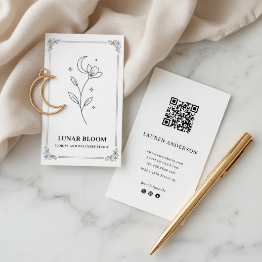Minimalist Moon Flower Florist Card with QR Code 名刺