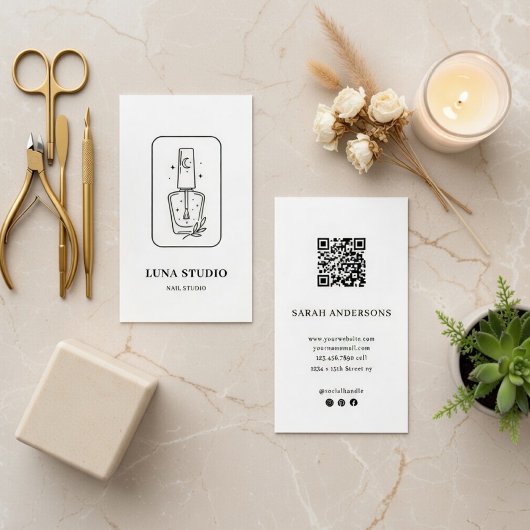 Minimalist Nail Technician Card with QR Code 名刺
