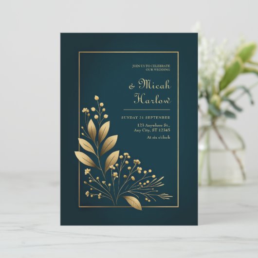 Minimalist Navy and Gold Botanical Wedding 招待状 (スタンド正面)