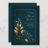 Minimalist Navy and Gold Botanical Wedding 招待状 (正面/裏面)