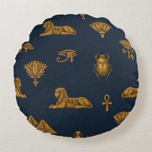 Minimalist Navy & Antique Gold Egyptian Pattern ラウンドクッション (正面)